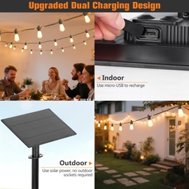 OOOLED 50FT Solar String Lights Outdoor with Remote, IP65 Waterproof Shatterproof ST38 LED Bulbs, 2700K Dimmable Outside Hanging Lights for Patio, Garden, Camping, Deck, Backyard Decor