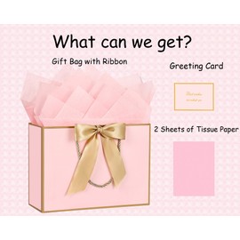 JMANNI Gift Bags, 1PCS Gift Bags Large with Ribbon and 1 Greeting Cards 2 Tissue Paper, Portable Paper Gift Bag with Handles, Birthday Gift Bags,Present Bags for Wedding Party Mothers Day. 12.6''X9.84''X4''(PinkGolden)