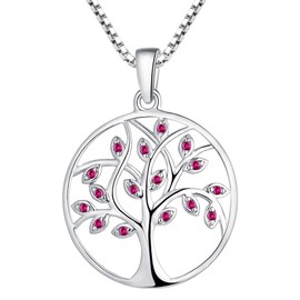 YL Tree Necklace 925 Sterling Silver Tree of Life Pendant Created Ruby Jewelry for Women