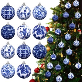 12 Pcs Christmas Blue and White Chinoiserie Ball Ornaments Christmas Tree Hanging Ornaments Chinoiserie Fabric Wrapped Christmas Decoration for Xmas Party (Retro Style,2 Inch)