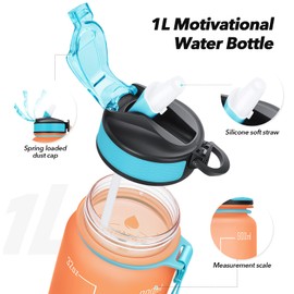 MEITAGIE 1 litre Motivational Sports Water Bottle with Straw & Time Maker,Leakproof with BPA Free Lid,Toxin Free Plastic Drink Bottle Design for Sports Gym Office Running(Orange Green)