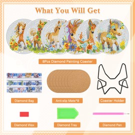 NAIMOER 6Pcs Horse Diamond Painting Coasters, DIY Life Coasters Animals Diamond Art Coasters Kits for Adults Kids, Full Drill 5D Flowers Diamond Painting Coasters with Holder Cork Pad for Home