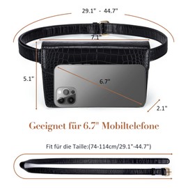 ECOSUSI Gürteltasche Damen Bauchtasche Krokoprägung Leder Taillengürtel Hüfttaschen für Frauen Wasserdicht Handytasche Verstellbarer Gurt Umhängetasche für Reise Alltag Outdoor Party Schwarz