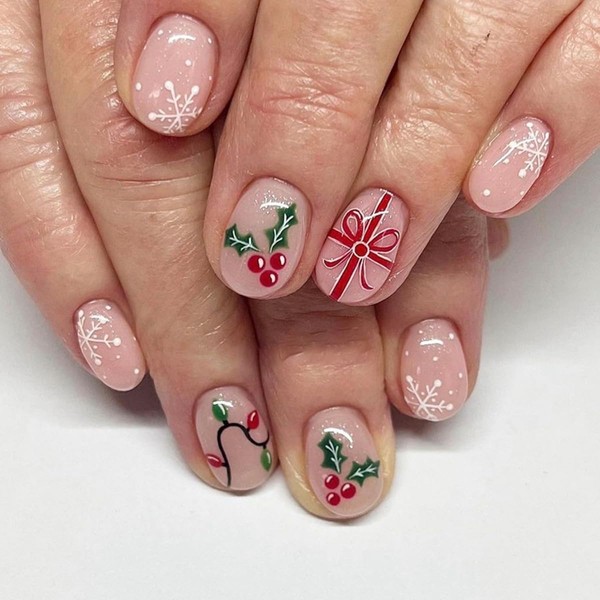 YEFIUO Christmas Pink Press on Nails Short Square Xmas Winter