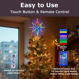 MEETYAMOR Christmas Tree Topper, 13" 130 LEDs Lighted Gold 8-Point Star Tree Topper, Remote & Touch 3D Infinity Mirror 8 Colors Lights Sparkling Treetop Christmas Tree Decorations, Xmas Decor Indoor