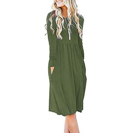 DB MOON Women Casual Long Sleeve Dresses Empire Waist Loose Dress with Pockets (Army Green, L)