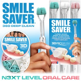 SMILE SAVER 360° Deep Clean 3-Sided Toothbrush 3PK + 7-Pack Replacement Heads 3D Triple Clean + Soft Gum Massage | Built-In Tongue Scraper | Child Kids Adults Braces Special Needs Travel | Made in USA