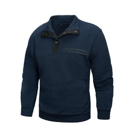 Wirltte Casual Sweatshirts for Men Pullover Mens Sweatshirt Long Sleeve Button Stand Collar Quilted Sweatshirts with Pocket Navy Blue M