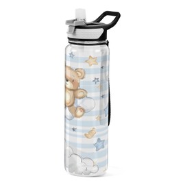 ALAZA Cartoon Bear White Clouds Stars Line Sport Water Bottle with Straw Lid 32 oz Clear Bottle BPA Free Tritan Plastic Leakproof Jugs Large Flip Top for Kids Boys Girls