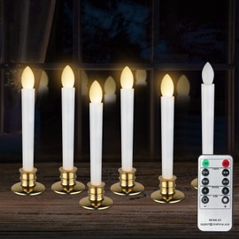 6 Pack Flameless LED Taper Candles with Remote & Timer – Battery Operated Flickering Window Candlesticks with Gold Holders – Safe Realistic Light for Christmas Home Wedding Decor Golden Holder