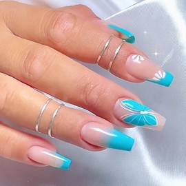 Press on Nails Coffin Medium Blue French Tip Fake Nails with Flower Butterfly Design Glue on Nails Gradient Acrylic White Coffin Nails Press ons Glossy Artificial Stick on Nails for Women 24Pcs