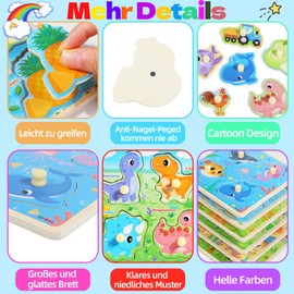 Wooden Puzzle Children's Montessori Toy, Wooden Toy Puzzle Children's Toy from 3 Years, Educational Games Puzzle - Dinosaur, Farm, Farm Animals, Sea Animals, Fruit, Boys Girls Gifts