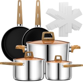 DUTZUN Stainless Steel Pots and Pans Set, 13 Pcs Kitchen Appliances, Kitchen Cookware Set with Lids, Stay-cool Wood Handle, Saucepan, Soup Pot, and Nonstick Frying Pans, Induction/Oven/Dishwasher/Safe