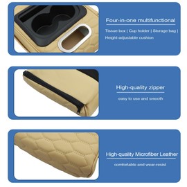 AOUTTUOA Universal Car Integrated Pressurized Multifunctional Armrest Heightening Pad Microfiber Leather Tan Multifunctional Car Armrest with 2 Cup Holders Phone Storage Slot Tissue Box Side Pockets