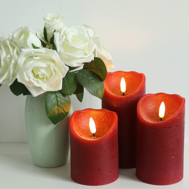 Eldnacele Red Wax Flameless Flickering Candles with 6H Timer, 3D