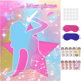 JUNUO Pin The Microphones On The Famous Singers Party Games, Suitable for Music-Themed Party Supplies Decoration, Pop Singers Party,Pink Girl Party,Large Waterproof Poster with 24 Microphone Stickers