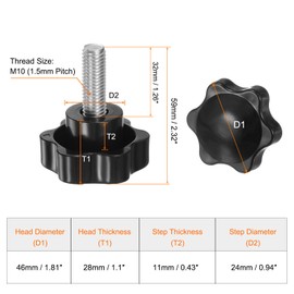 QUARKZMAN Pack of 2 Knurled Screws with Star Handle M10 x 32 mm x 46 mm Star Grip Screw Plastic Knob Stainless Steel 304 Threaded Bolts Clamping Screw Star Grip Nut Clamping Knob for Machine