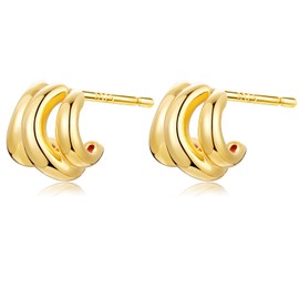 FOXNOV Gold Hoops Earrings for Women Lightweight Hypoallergenic Earrings 14K Real Gold Plated 925 sterling silver Post Triple Hoop Stud Earrings, Small Huggie Design, Earrings for Women Trendy