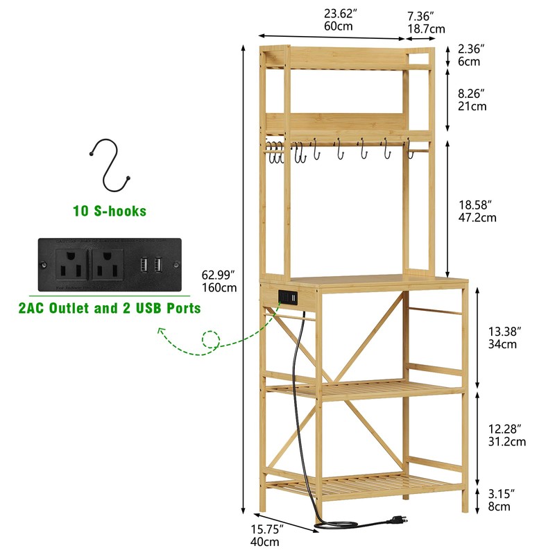 Trironsun Bamboo Bakers Rack with Charging Station 5-Tier Microwave Stand