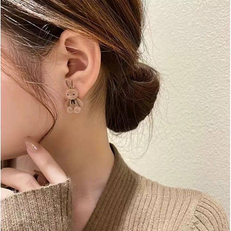 2 Pares Aretes De Peluche Plata Ley 925 Animales Conejo