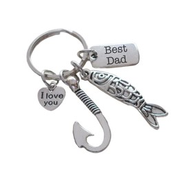 Fishing Charm Keychain with Hook & Fish Charm, I Love You Heart and Best Dad Tag, Father's Keychain