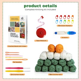 HHSarioneiro Crochet Blanket Kit for Beginners, Easy Granny Square Crochet Kit for Adults,with Step-by-Step Instructions and Clear Videos, Includes Multiple Accessories, Gift for Craft Lovers
