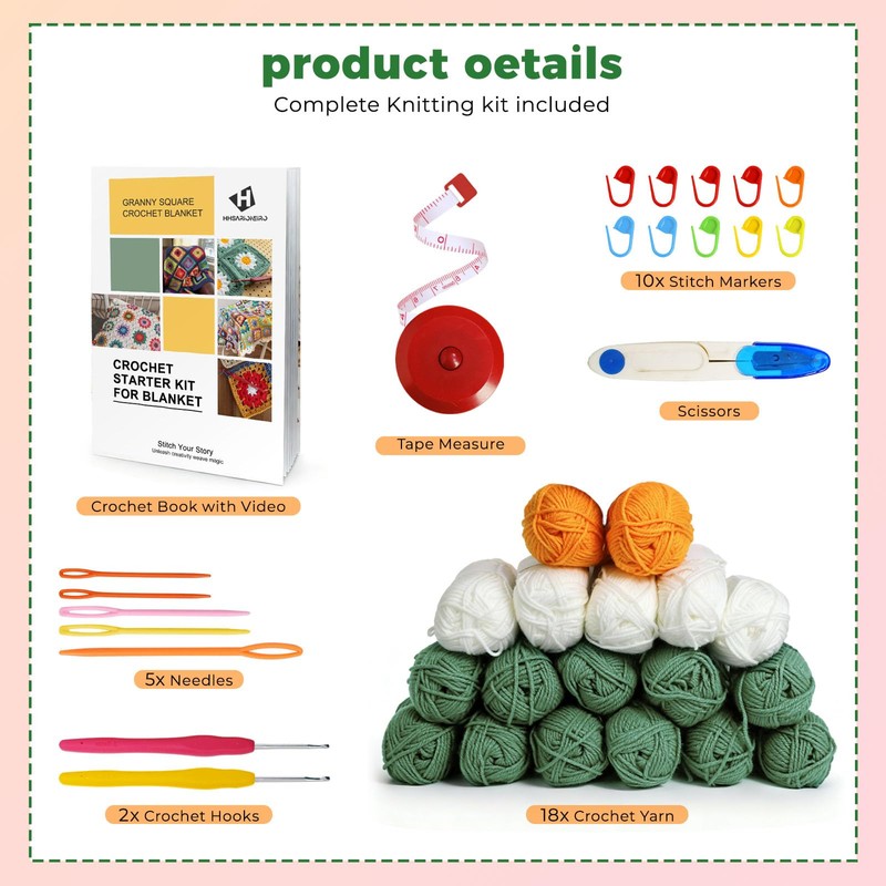 HHSarioneiro Crochet Blanket Kit for Beginners, Easy Granny Square Crochet