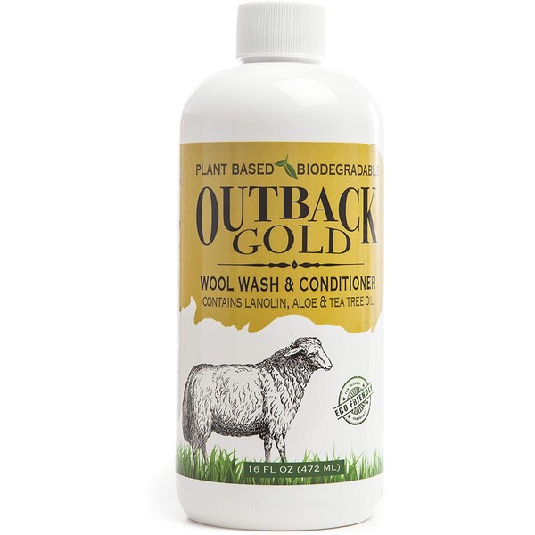 Outback Gold Wool Wash, 16 Ounce, Natural Plant Based Mild Liquid Soap, Cleans and Conditions Sheepskin, Wool and More, with Lanolin, Tea Tree Oil, Aloe, Coconut Oil, Scented with Pure Essential Oils