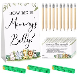 Sabary 64 Pcs Guess Baby Shower Games Include How Big Is Mommy's Belly Sign Measure Baby Bump Game and 50 Guessing Cards with 10 Pencils 3 Measuring Tapes for Baby Shower Party(Animal)