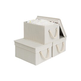 StorageWorks Storage Bins with Lids, Decorative Storage Boxes with Soft Rope Handles, Foldable Stackable Storage Baskets for Closet, Shelves, 3-Pack, Ivory and White, Medium