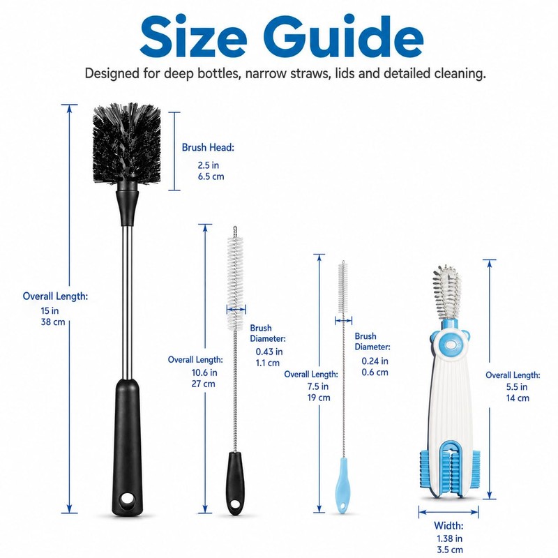 4-in-1 Bottle Brush Set, 15" Long Handle, Straw & Lid