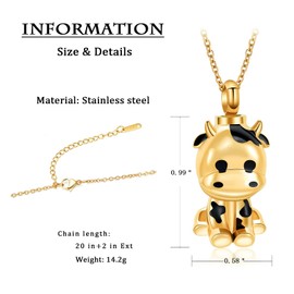 constantlife Cremation Jewelry for Ashes Stainless Steel Cute Cow Urn Necklace Memorial Pendant Human Pet Ash Holder Keepsake Gift for Women Men (Golden)