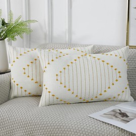 PANOD Set of 2 Boho Tufted Throw Pillow Covers with Tassel 12x20 inch, Decorative Indoor Outdoor Bohemian Lumbar Cushion case Pillowcase for Couch Sofa Livingroom car Farmhouse Yellow and Cream White