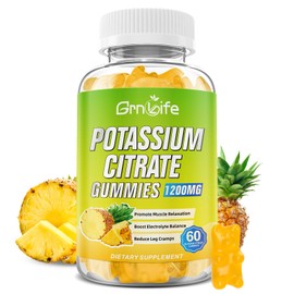 Potassium Citrate Gummies, High Potassium Supplement Gummies 1200mg Support Leg Cramps & Muscle Health, Potassium Gummies for Adults & Kids, Vegan, Pineapple Flavor 60 Count