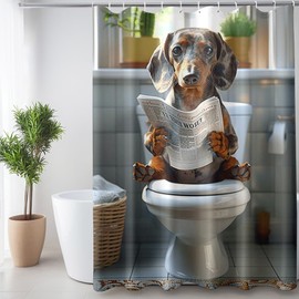 Reateforin - Cortina de ducha de animales divertidos con diseño de perro salchicha, para leer periódico en el inodoro, cortinas de baño, decoración de baño, regalo de salchicha, divertida decoración