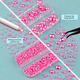 4 Boxes Flat Back AB Pearls Kit 11 Flatback PeachAB Half Round Pearls 3-10mm with Pickup Pencil and Tweezer for Home DIY and Professional Nail Art, Face Makeup and Craft