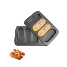 JSJMOFA Hot Dot Bun Pan, Perforated Carbon Steel Bread Loaf Pan, Non-Stick Hot Dog Bun Baking Tray, Mini Baguette Sandwich Baking Tray for Hot Dog Bun Rolls, Black (2 Pack)