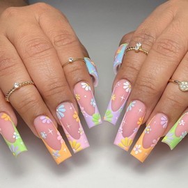 Long French Tip Press on Nails Coffin Flower Nails Press ons Long Pink Fake Nails with Colored Design Long Flower False Nails Square Stick on Nails for Women Girls Long Acrylic Glue on Nails Kit