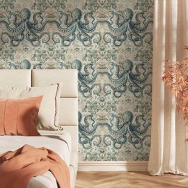 Yzogbry 18"x236" Elegant Illustrative Blue Cream Octopus Flower Peel and Stick Self Adhesive Wallpaper Removable Contact Paper Stick on Easy Peel Off Wall Paper for Kitchen Bedroom Bathroom Renter