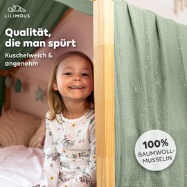 lilimaus House Bed Canopy, Made of 100% Cotton Muslin, Handmade, Fabric Bed Decoration, Girls and Boys, Children, Bed Curtain for Children's Bed, Eucalyptus