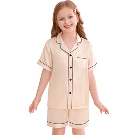SWOMOG Kids Silky Satin Pajamas Set Girls Boys Button-Down Sleepwear Short Sleeve 2 Piece PJs Sets Lounge Sets Champagne 110 CM