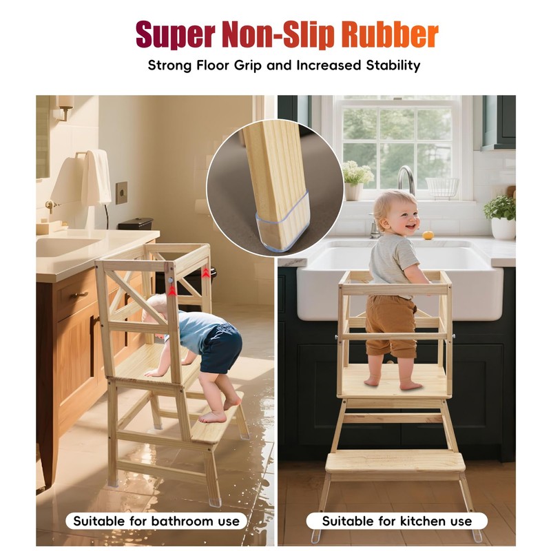 Toddler Tower,Kitchen Step Stool with CPC Certification,Sliding Anti-Fall Safety Bar,Solid