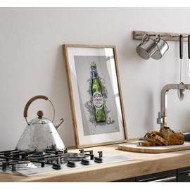 Lithobee - Peroni Bottle Splatter - Printed Wall Art Design in Sizes A2, A3 & A4 Framed in a Stylish Quality Coloured Frame or Unframed (A4 White Distressed Frame)