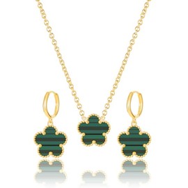 Qinpan Gold Plated Five Leaf Clover Dot Necklace and Dangle Earrings Set for Women Lucky Flower Jewelry (Green Stripe-14K Gold Plated)
