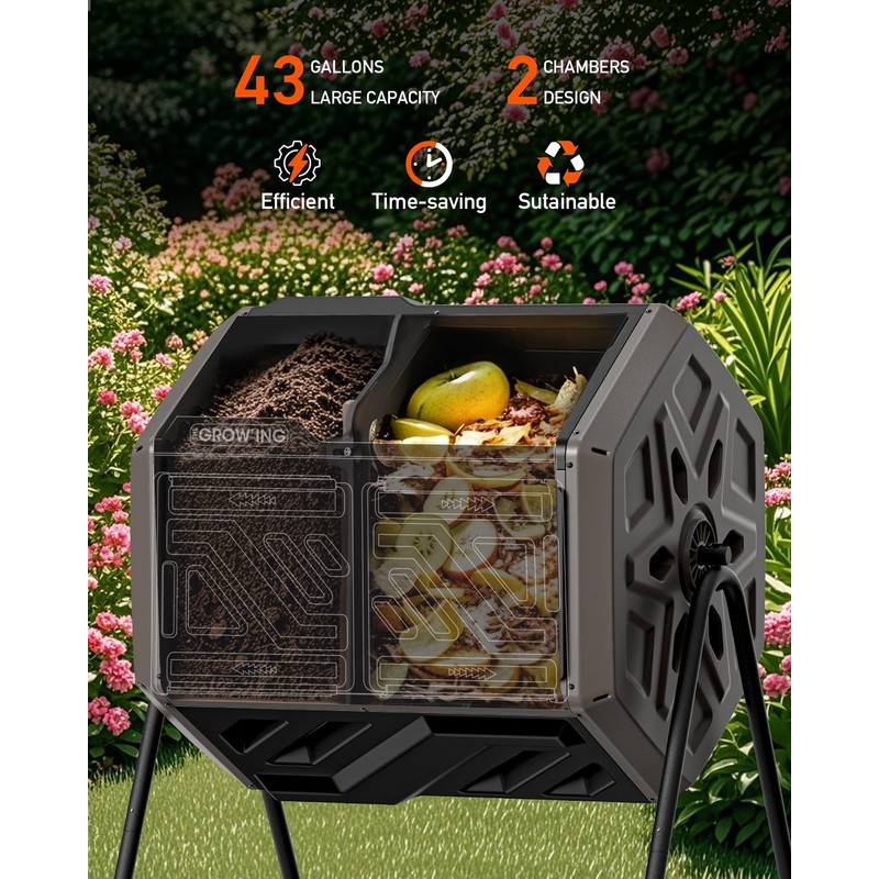 THEGROW'ING Updated 43 Gallon Compost Bin Outdoor, Fast Assemble Tumbling