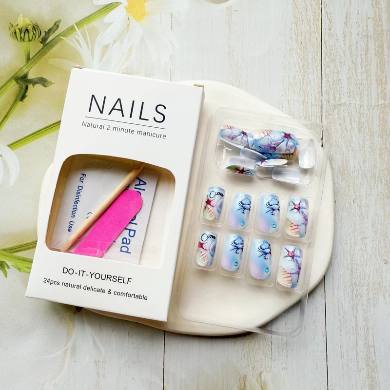 Summer Press on Nails Medium Square Fake Nails with Sea