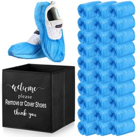Unittype 300 Pcs Disposable Waterproof Shoe Covers with 1 Pcs Indoor Foldable Storage Bins Box Welcome Please Remove or Cover Shoes Sign for Open House Supplies(Blue,5.9 x 17.7 Inches)