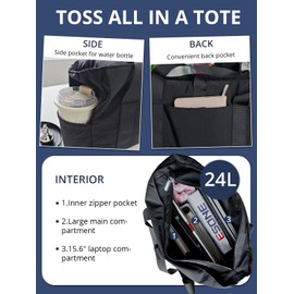 Oblu life Large Lightweight Tote Bag for Women, Yoga Gym Beach Travel Bag, Fits 16" Laptop & Yoga Mat, Waterproof Nylon Black