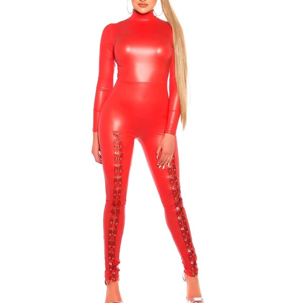 Koucla Sexy Long Catsuit in Leather Look with Turtle Neck and Decorative Lacing, red