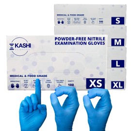 Kashi Scientific Medical Examination Nitrile Gloves - X-Large - Powder-Free, Latex-Free, Finger Tip Textured Gloves, 4 mil Thick Blue Glove, Patient Safe, Food Safe - Box of 100 Nitrile Exam Gloves